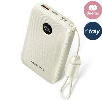 Vention power bank 10000mah (usb-c + usb-c/usb-c/usb-a) with built-in usb-c to usb-c cable 22.5w - beige